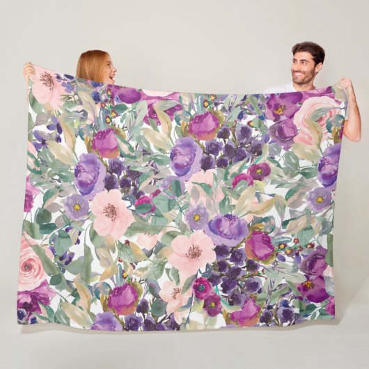 Couverture Polaire Fleurs aquarelles boho rose violet (En situation)
