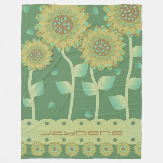 Couverture Polaire Fleurs Avec Coeurs En Vert & Caramel Brown (Devant)