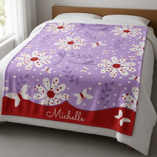 Couverture Polaire Fleurs blanches à pois rouges sur fond violet