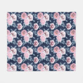 Couverture Polaire Fleurs blanches et roses sur bleu foncé. (Devant (Horizontal))