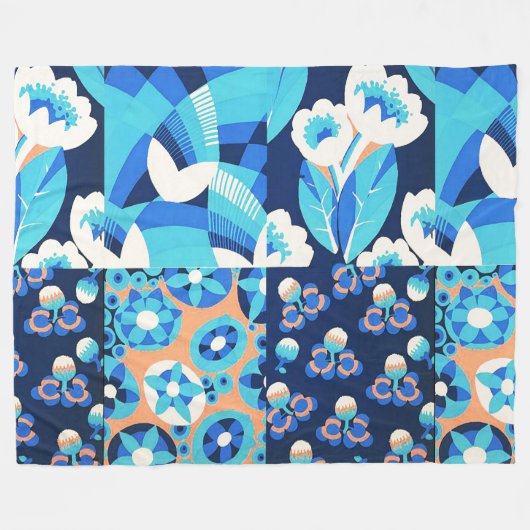 COUVERTURE POLAIRE FLEURS BLANCHES HAWAII BLEU BOLD FLORAL PATCHWORK (Devant (Horizontal))