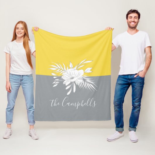 Couverture Polaire Fleurs blanches modernes sur bloc de couleur perso (En situation)