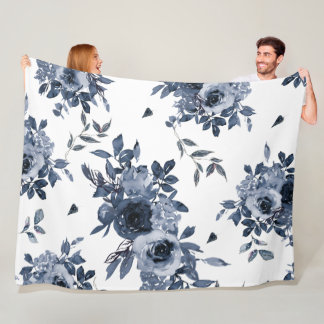 Couverture Polaire Fleurs bleues de la Marine sur blanc