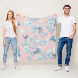 Couverture Polaire fleurs bleues et oiseau, couleur rose clair Arrièr