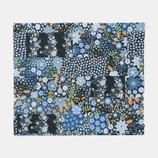 Couverture Polaire Fleurs Bleues Patchwork : Tissu sans couture. (Devant (Horizontal))