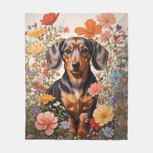 Couverture Polaire Fleurs Brown De Dachshund Et Cosmos (Devant)