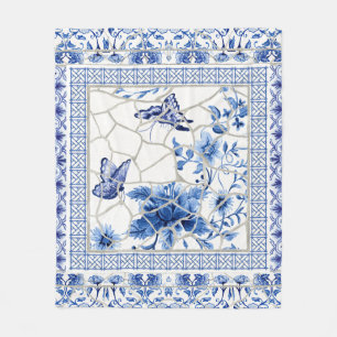 Couverture Polaire Fleurs chic de la Chinoiserie blanche et bleue des