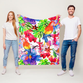 Couverture Polaire Fleurs Colorées Élégantes Et Oiseaux De Perroquet
