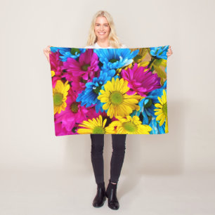Couverture Polaire Fleurs colorées, marguerites - Rose Jaune Bleu