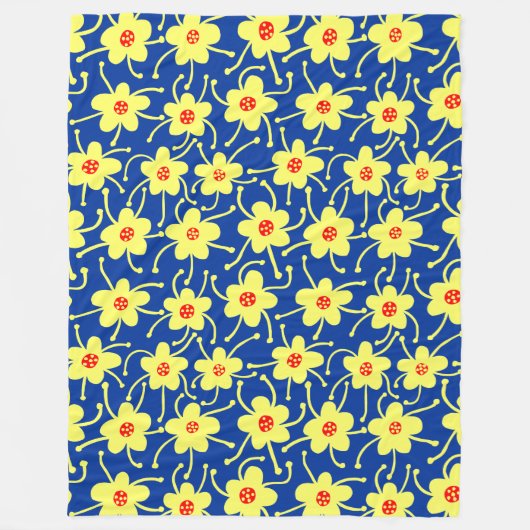 Couverture Polaire Fleurs concurrentes - Jaune et rouge sur bleu mari (Devant)