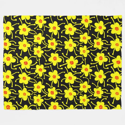 Couverture Polaire Fleurs concurrentes - Jaune et rouge sur noir (Devant (Horizontal))