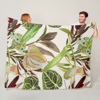 Couverture Polaire Fleurs d'anthurium, tulipes et feuilles tropicaux.
