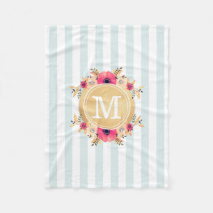 Couverture Polaire Fleurs d'aquarelle à la menthe Faux or Monogramme