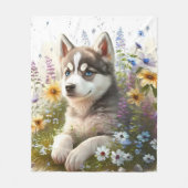 Couverture Polaire Fleurs d'aquarelle et chiot sibérien Husky (Devant)