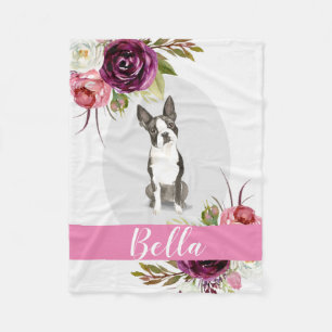 Couverture Polaire Fleurs d'aquarelle rose Boston Terrier