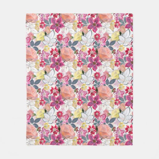 Couverture Polaire Fleurs d'aquarelle rose et rouge. (Devant)