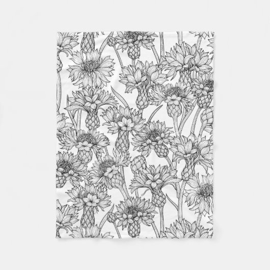 Couverture Polaire Fleurs de Cornflowers, fleurs sauvages en noir et  (Devant)