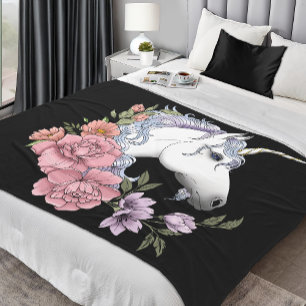 Couverture Polaire Fleurs de licorne blanche enchantée rose noir