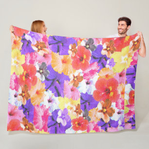 Couverture Polaire Fleurs de Mibiscus en mosaique tricolore,
