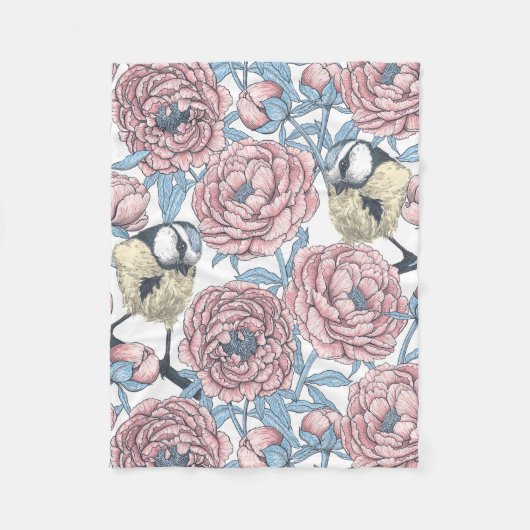 Couverture Polaire Fleurs de pivoines et oiseaux (Devant)