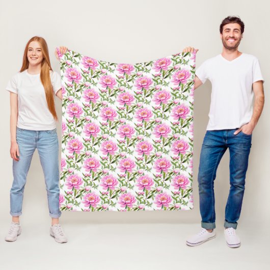 Couverture Polaire Fleurs de pivoines roses avec Feuilles verts Sage (En situation)