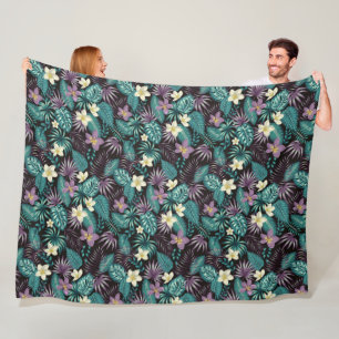Couverture Polaire Fleurs de Plumeria Emerald Green Feuilles tropicau