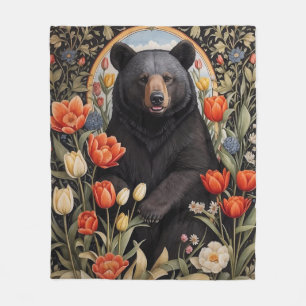 Couverture Polaire Fleurs de tulipes colorées à l'ours noir