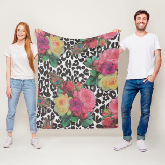 Couverture Polaire Fleurs élégantes vintages cheetah paon fleurs