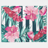 Couverture Polaire Fleurs exotiques roses rayées (Devant (Horizontal))