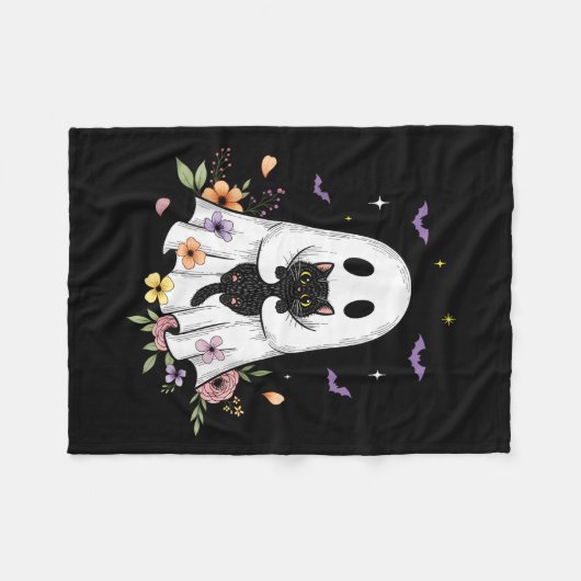 Couverture Polaire Fleurs Fantômes de chat mignonnes Vibes d'Hallowee (Devant (Horizontal))