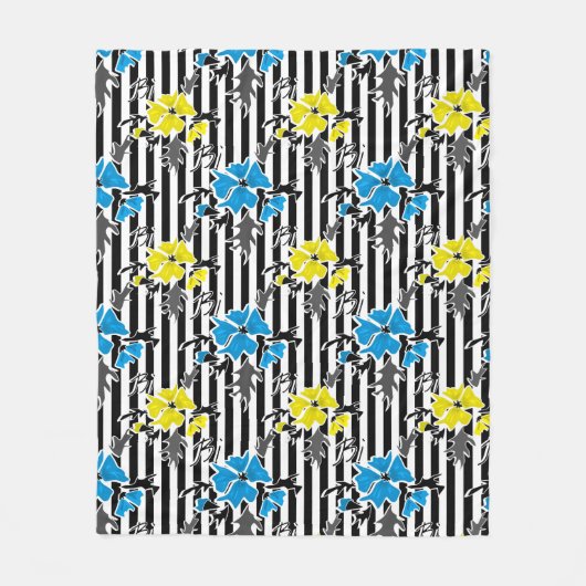 Couverture Polaire Fleurs florales bleues jaunes gris feuille st (Devant)
