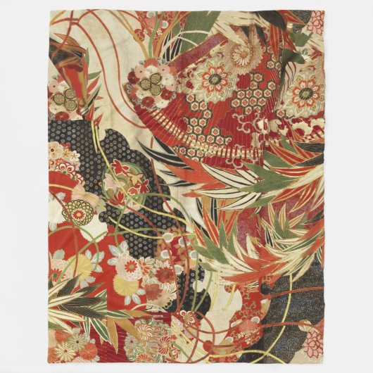 Couverture Polaire FLEURS JAPONAISES ANCIENNES Rouge Vert Noir Floral (Devant)