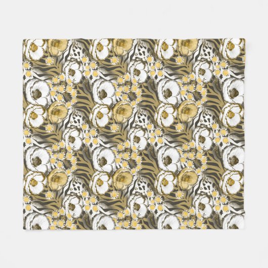 Couverture Polaire Fleurs jaunes, blanches sur un arrière - plan de t (Devant (Horizontal))
