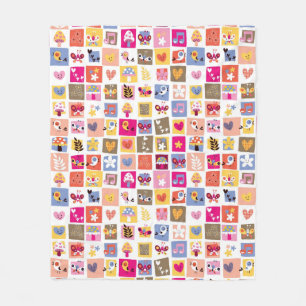 Couverture Polaire fleurs mignonnes, oiseaux, motif de carrés de