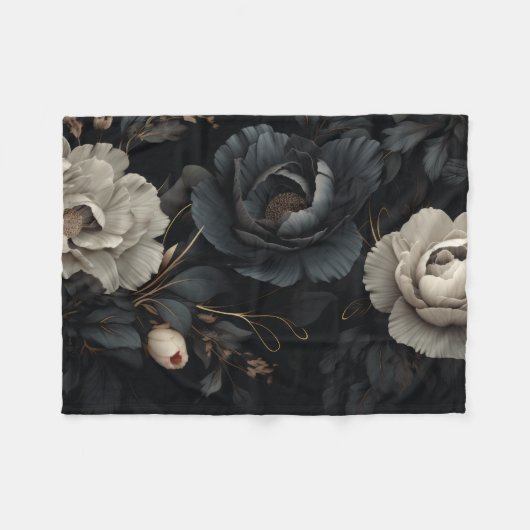Couverture Polaire Fleurs noires et blanches (Devant (Horizontal))