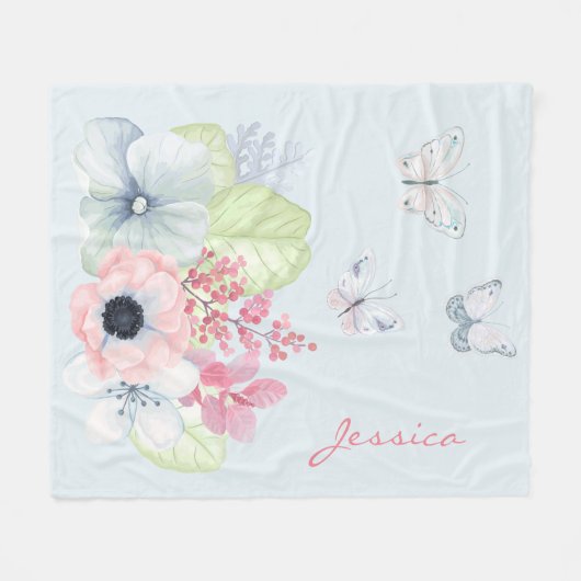 Couverture Polaire Fleurs Pastel et papillons Blanche polaire (Devant (Horizontal))