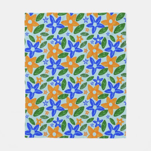 Couverture Polaire Fleurs Rétro Bleu & Orange (Devant)