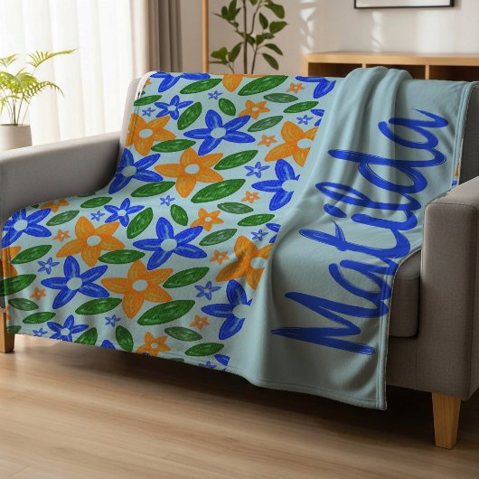 Couverture Polaire Fleurs Rétro Personnalisées Bleu & Orange