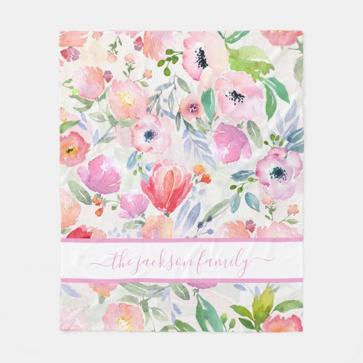 Couverture Polaire Fleurs rose aquarelle boho nom de famille script (Devant)