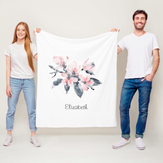 Couverture Polaire Fleurs rose et gris Aquarelle classique (En situation)