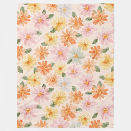 Couverture Polaire Fleurs Rose Jaune Bleu Pêche (Devant)