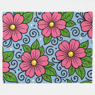 Couverture Polaire Fleurs roses avec feuilles vertes et détails courb