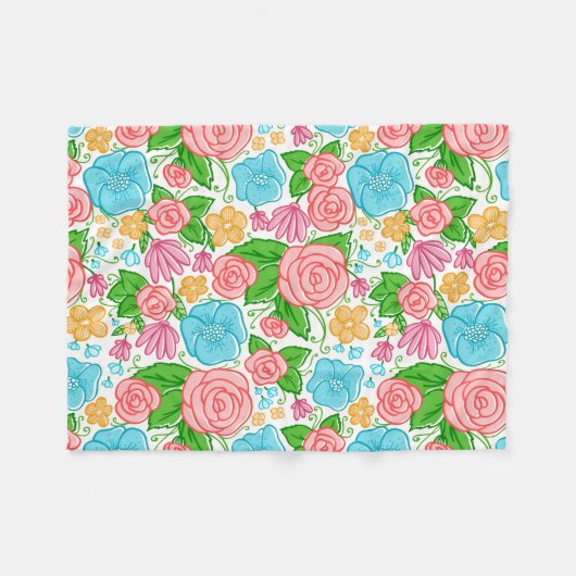 Couverture Polaire Fleurs Roses Et Bleues Sur Arrière - plan Bleu (Devant (Horizontal))