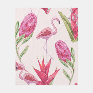 Couverture Polaire Fleurs roses tropicales, protéa, oiseau de paradis