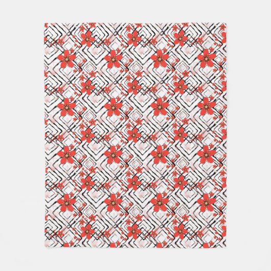 Couverture Polaire Fleurs rouges sur fond blanc et noir. (Devant)
