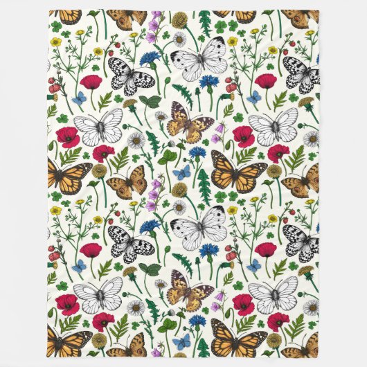Couverture Polaire Fleurs sauvages et papillons sur blanc (Devant)
