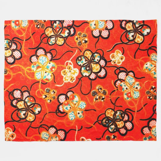 COUVERTURE POLAIRE FLEURS STYLISÉES, RIBBONS BLANCS NOIRS ROUGE CLAIR (Devant (Horizontal))