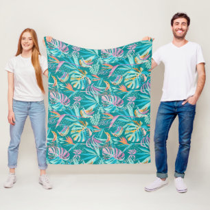 Couverture Polaire Fleurs tropicales colorées et motif feuille