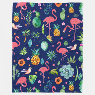 Couverture Polaire Fleurs tropicales et Flamants roses roses
