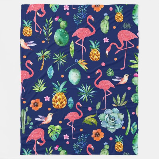 Couverture Polaire Fleurs tropicales et Flamants roses roses (Devant)